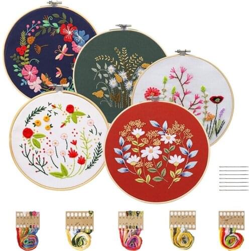 New 5 Pack Embroidery Starter Kit with Pattern, Embroidery Kits with 5x Bamboo Embroidery Hoop for Home Room Decoration
