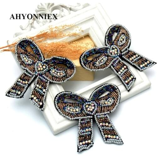 AHYONNIEX 1PC Big Bow beaded patches for clothing DIY rhinestone fashion sew on patches colors beads applique parches bordad