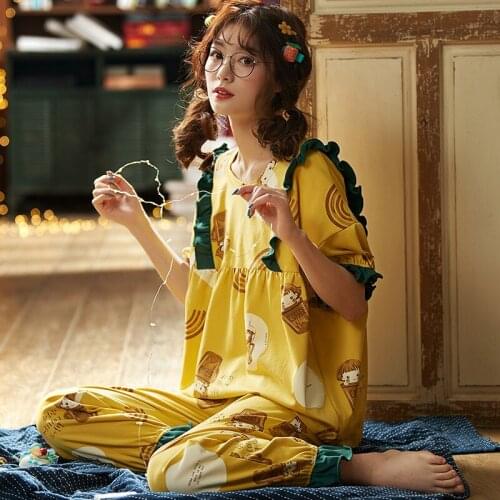 Pajamas Girl Short Sleeve Long Trousers Cotton Two-piece sets Thin Home service suit Sleepwear NW33