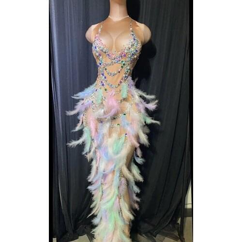 Coloured feather Rhinestone pearl high slit dress birthday celebration party banquet evening dress concert ball singers costume