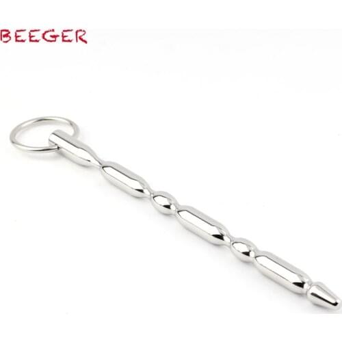 BEEGER Sub Zone Penis Plug Solid Steel Urethral Wand, Ribbed and Finished with a Glans Ring