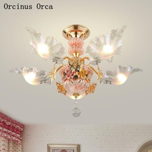 European luxury Pink Crystal Chandelier Princess Room Girl Bedroom childrens room lamp French warm LED ceramic ceiling lamp