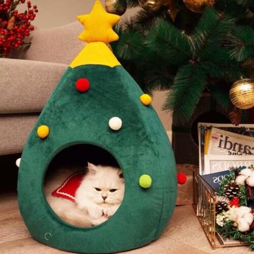 Christmas Comfortable Cat House Neko Sleep Bed Kennel Winter Tree Cave Warm Cozy Xmas Pet Mat Cama Gato Tree Hole Pet Supply