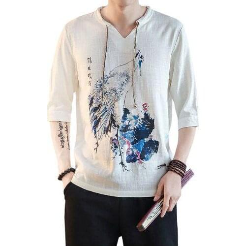 New Summer Mens Shirts XXXL Linen Cotton Chinese Style Printed Crane Half Sleeved Mens Shirt Collarless Plus Asian Size M-5XL