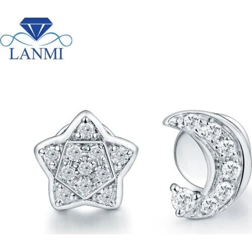 Fashion Star Moon SI Diamond Stud Earring Real 18K White Gold Lovely Design for Young Girl Anniversary Fine Jewelry Party Gift