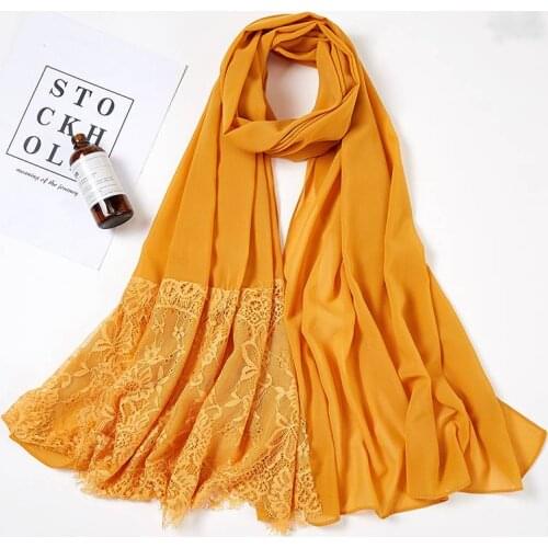 Premium Chiffon Chic Scarf Headscarf For Women Fashion Lace Soft Muslim Hijab Scarf Wrap Solid Color Islam Female Headwrap Shawl