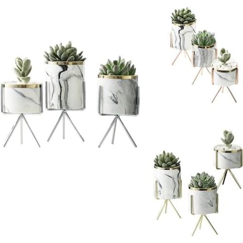 Nordic Marble Pattern Vase Ceramic Iron Art Vase Rose Gold Silver Tabletop Green Plant Flower Pot Home Office Vases Decorative