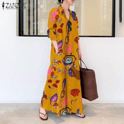 Vintage Floral Shirt Dress Womens Spring Sundress ZANZEA 2021 Long Sleeve Printed Maxi Vestidos Female Lapel Robe