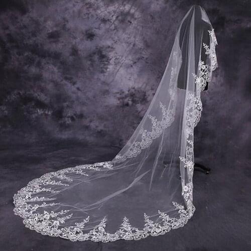 Women Long Lace Veil Mantilla 300 CM One Layer With Comb Wedding Accessories Veu De Noiva 2021