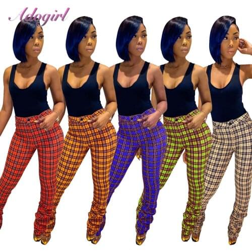 Women Plaid Zipper Fly Bell Bottom High Waist Stacked Pants Autumn Causal Ruched Outfit Streetwear Vintage Trousers Sweatpants