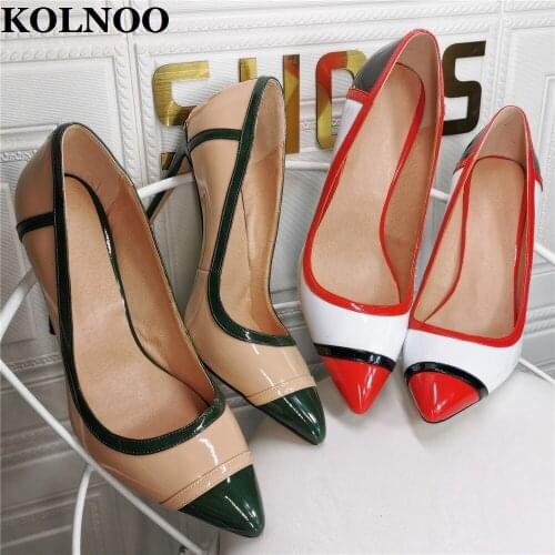 Kolnoo Hot Sale Handmade Womens High Heels Pumps Patchwork Leather Slip-On Green&Red Two Colors Sexy Daily Wear Fashion Shoes