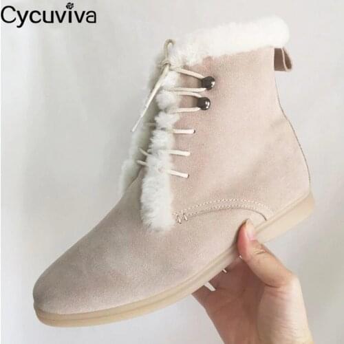 High Top Wool Women Snow Boots Nude Black Lace Up Ankle Boots For Women Flat Fur Winter Shoes Woman Warm Down Short Boots Femme