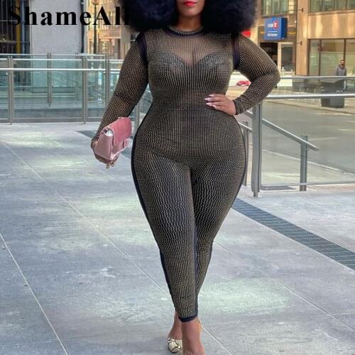 Plus Size Lace Gauze Knitted Diamante Jumpsuits 4XL Long Sleeve Patchwork Bodycon Jumpsuit Sexy Club One Piece Outfit Clubwear