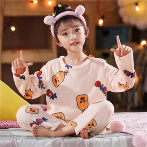 Winter Children Cartoon Pajamas Set Warm Flannel Sleepwear Girls Loungewear Coral Fleece Kids Pijamas Home Suits Teenage Clothes