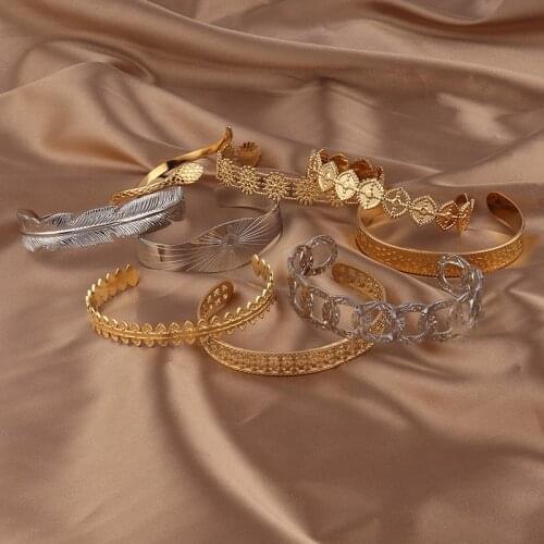 Stainless Steel Bracelet For Women Vintage Punk Curb Cuban Chain Bracelets Geometric Leaf Open Cuff Bracelet Jewelry