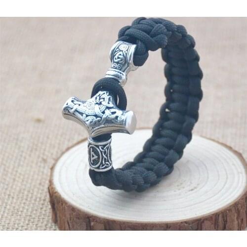 Viking Mens Stainless Steel Thors Hammer Bracelet Nordic Rune Bead Amulet Black Umbrella Rope Braided Bracelet Energy Bracelet