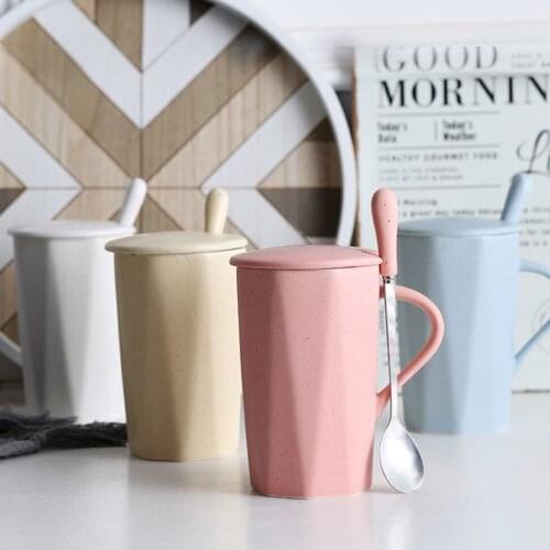 350ml Ceramic Household Coffee Mug With Lid And Spoon Creative Personalized Office Tea Cup Breakfast Milk Mug Couple Drinkware
