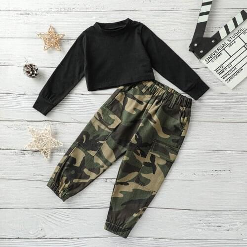 1-6Y Fashion Kids Girls 2pcs Clothes Sets Long Sleeve Solid Pullover Tops Camouflage Pants Spring Fall Outfits