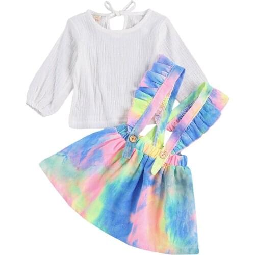 Toddler Girls Outfits Sets White Long Sleeve Blouse + Tie Dye Suspender Skirt 2 Pcs Clothes