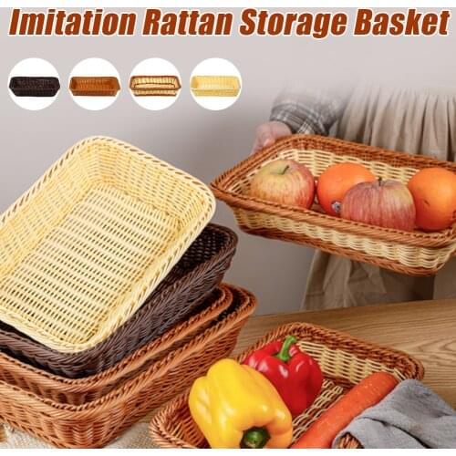 Storage Basket Rectangular Plastic Rattan Tabletop Serving Tray Basket Organizer Box For Fruit Snack Picnic Kitchen Supplies