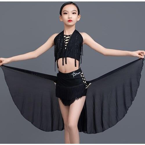 ChildrenS Day Latin Dance Costume For Girls Black Halter Fringed Skirt Latin Dance Practice Clothes Performance Clothes SL4859