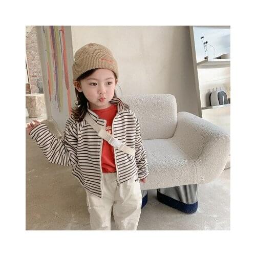 Girls' Jackets 2021 Spring New Baby Girl Striped Jacket Female Korean Toddler Loose Zipper Short Top Toddler Long Sleeve Tops