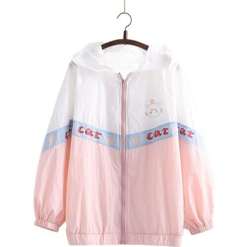 Harakuju Cartoon Cat Print Thin Hooded Jacket Women 2021 Summer Korean Fashion Ladies Casual Zipper Kawaii Outerwear Coat
