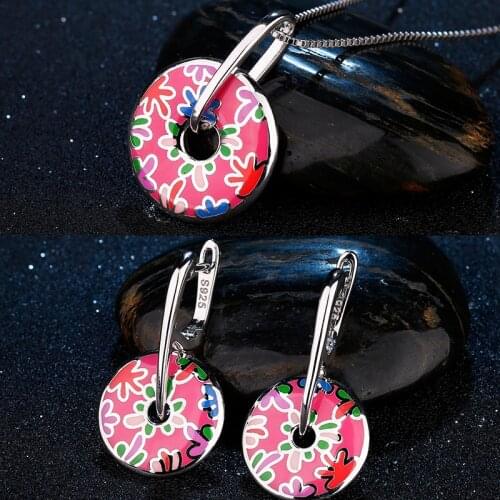 OGULEE Fashion Jewelry Sets for Women 925 Sterling Silver Earrings Colorful Flower Painting Enamel Pendant Necklace Wedding Gift