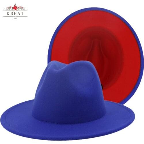 QBHAT Royal Blue Red Patchwork Faux Wool Felt Fedora Hats with Thin Belt Buckle Men Women Large Brim Panama Trilby Jazz Cap