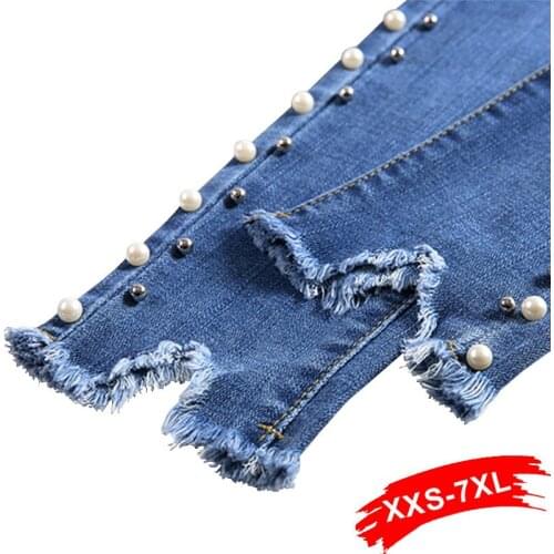 Plus Size Skinny Summer Side Pearl Beading White Wash Capris Jeans 5Xl 6Xl Light Blue Women Casual Stretch Denim Pants Trousers