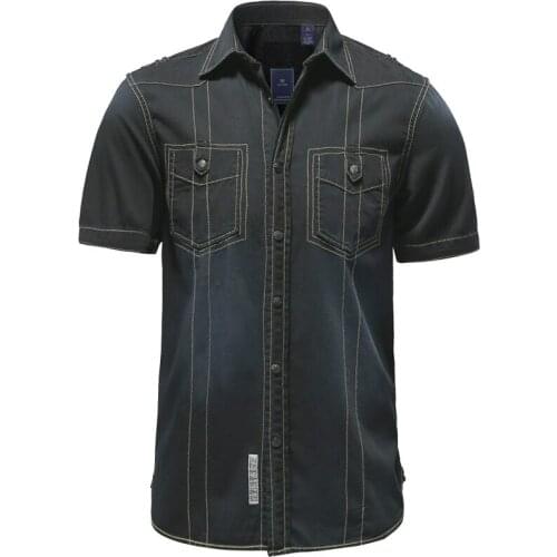 Summer Mens Slim 100% Cotton Black Denim Short Sleeve Shirt , Casual Male Man Jeans Shirts , Men Bleached Single Breasted Blouse