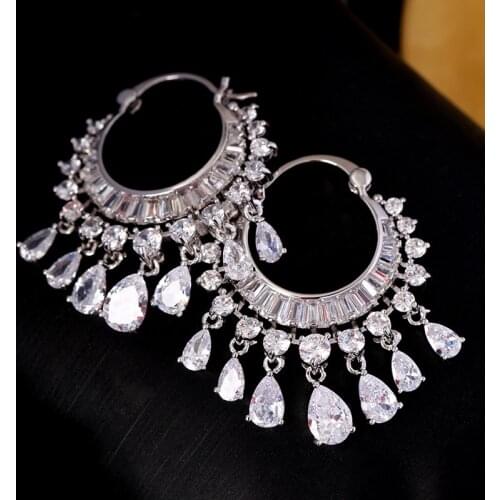 NEW cubic zircon elegant party bridal waterdrop tassel dangle earrings dazzling wedding jewelry accessory
