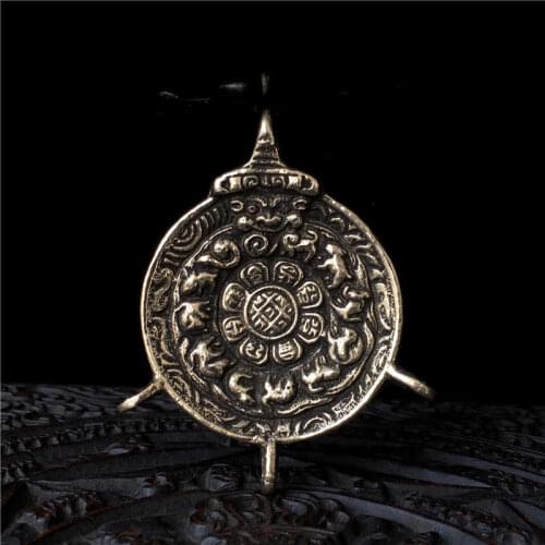 TBP052 Tibet Brass Antiqued Amulet Waist Taglotus Jiugong Bagua Dorje Tibetan Amulets for Man