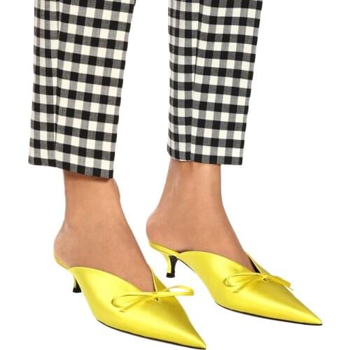 Spring New Pointed Toe Bow Satin Mules Shoes Silky Fabric High-Heeled Sandals Women Fashion Cat Heels Slipper Shoes Fammel