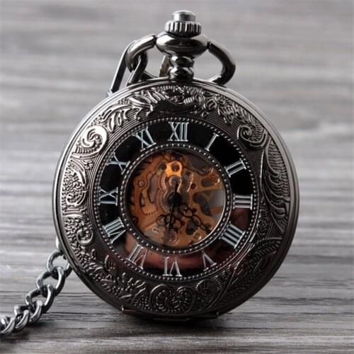 Vintage Black Mechanical Pocket Watch Mens Classic Elegant Hollow Skeleton Hand wind Retro Male Clock Pendant FOB Chain Watches