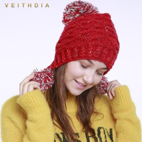 VEITHDIA 2019 Handmade Winter Knitted Hat Women Caps 3 Hairball Bonnet Warm Baggy Winter Hats For Girls Skullies Beanies