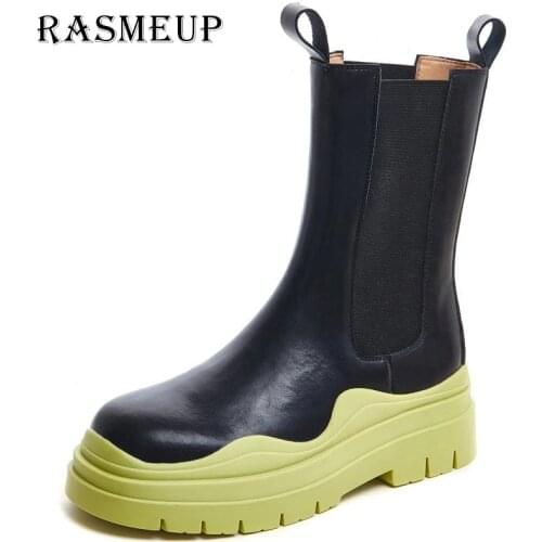 RASMEUP Genuine Leather Women Platform Boots 2021 Autumn Winte Fashion Wavy Pattern Sole Womens Shoes Ladies Footwear