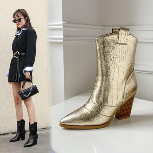 2020 Snake Print Ankle Boots for Women Autumn Winter Western Cowboy Boots Women Wedge High Heel Boots Gold Silver Fashion Shoes