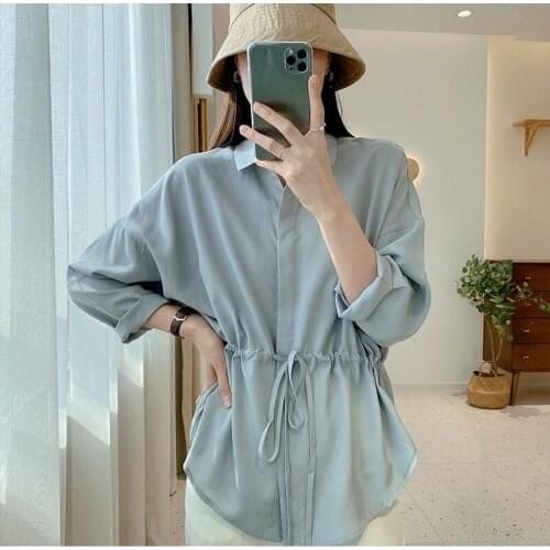 Women Shirts 2021 Summer Shirring Drawstring Waist Bow Thin Oversize Blouse Elegant Lady Lapel Pure Color Turn Down Collar Tops