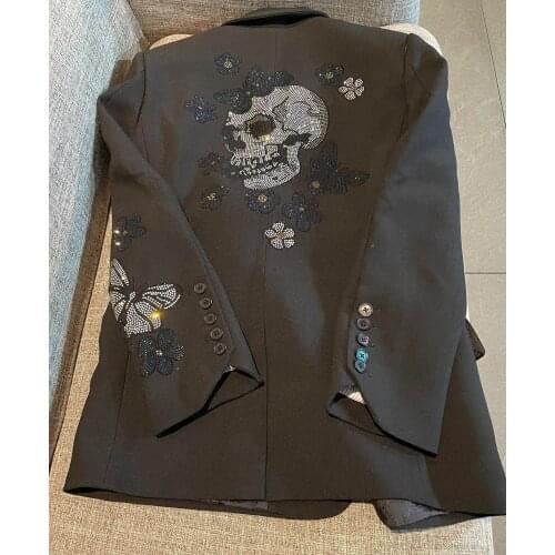 2021 Autumn Women Black Blazer Back Butterfly Skull Rhinestone Strass Flap Pockets Long Sleeves Fashion suits