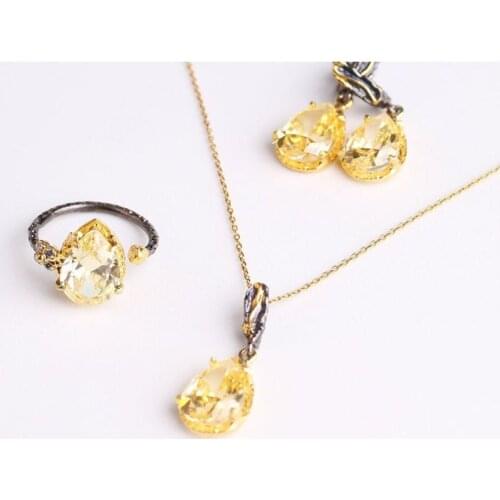 Woman Handmade Drop Zirconia 925 Silver Jewelry Set, Zirconia ring, Zirconia Necklace, White - Yellow Zircon