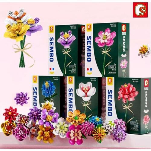 1PC SEMBO City Flowers Building Blocks Creator Moc Friends Bricks Montessori Toys for Girls Gift Decor Hibiscus Saffron Bouquet