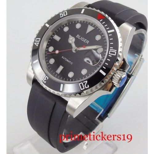Automatic mens Watch black dial 40mm date sapphire glass ceramic bezel black rubber strap