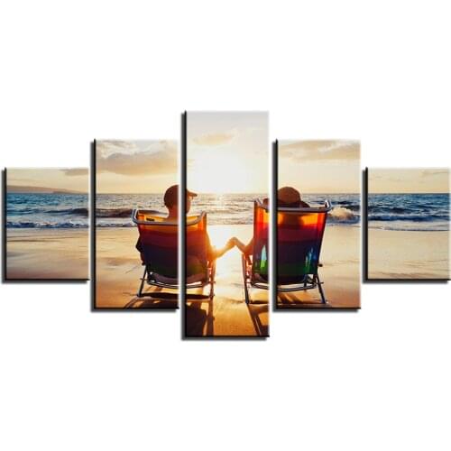 5 Pcs Sweet Lovers at Sunrise by The Sea Canvas Pictures Print Wall Art Canvas Painting Wall Decorations for Living Room Unframe