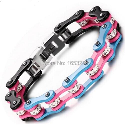 New Fashion 10mm 8'' Motorcycle chain Bracelet Stainless Steel Pink Bule Black Tri color Bicycle Link design Women Gifts
