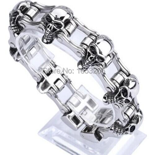 Gothic Mens 2015 New 316L Stainless Steel Skull Biker Motorcycle Link Chain Bracelet Bangle 22mm wide .21cm lengh .151g Heavy