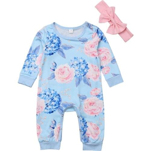 Newborn Kids Baby Girls Romper Blue Floral Long Sleeve O Neck Cotton Soft Lovely Jumpsuit and Pink Bowknot Headband 2Pcs Outfits