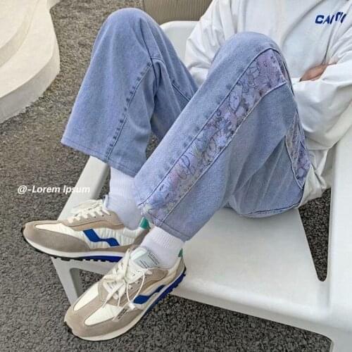Casual Stitching Jeans Men Washed Wide-leg Straight Printed Cashew Denim Pants Loose Trousers Streetwear Hiphop Spring Summer