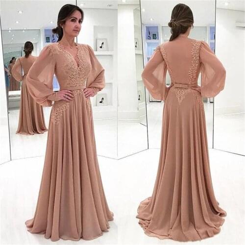 Elegant Muslim Evening Dresses V-Neck Lace Evening Party Gowns Chiffion Long Sleeves A-line Formal Dresses Robe De Soiree