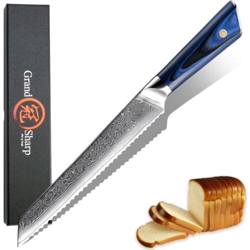 Grandsharp Bread Knife 8 Inch Serrated Blade Kitchen Knives Damascus Steel Slicing Knife Toast Damper Baking Cake Cooking Tools